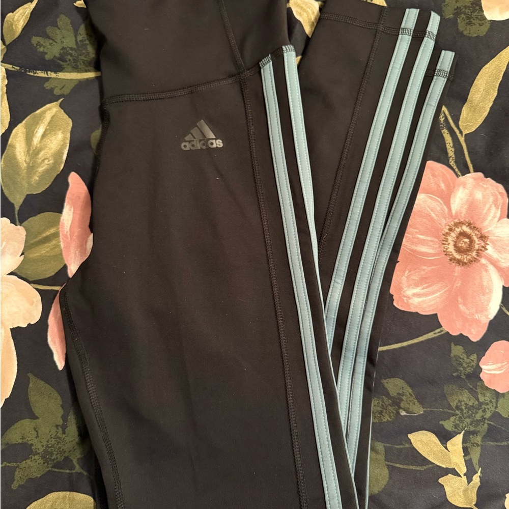 Adidas —black with sage green pinstripe leggings